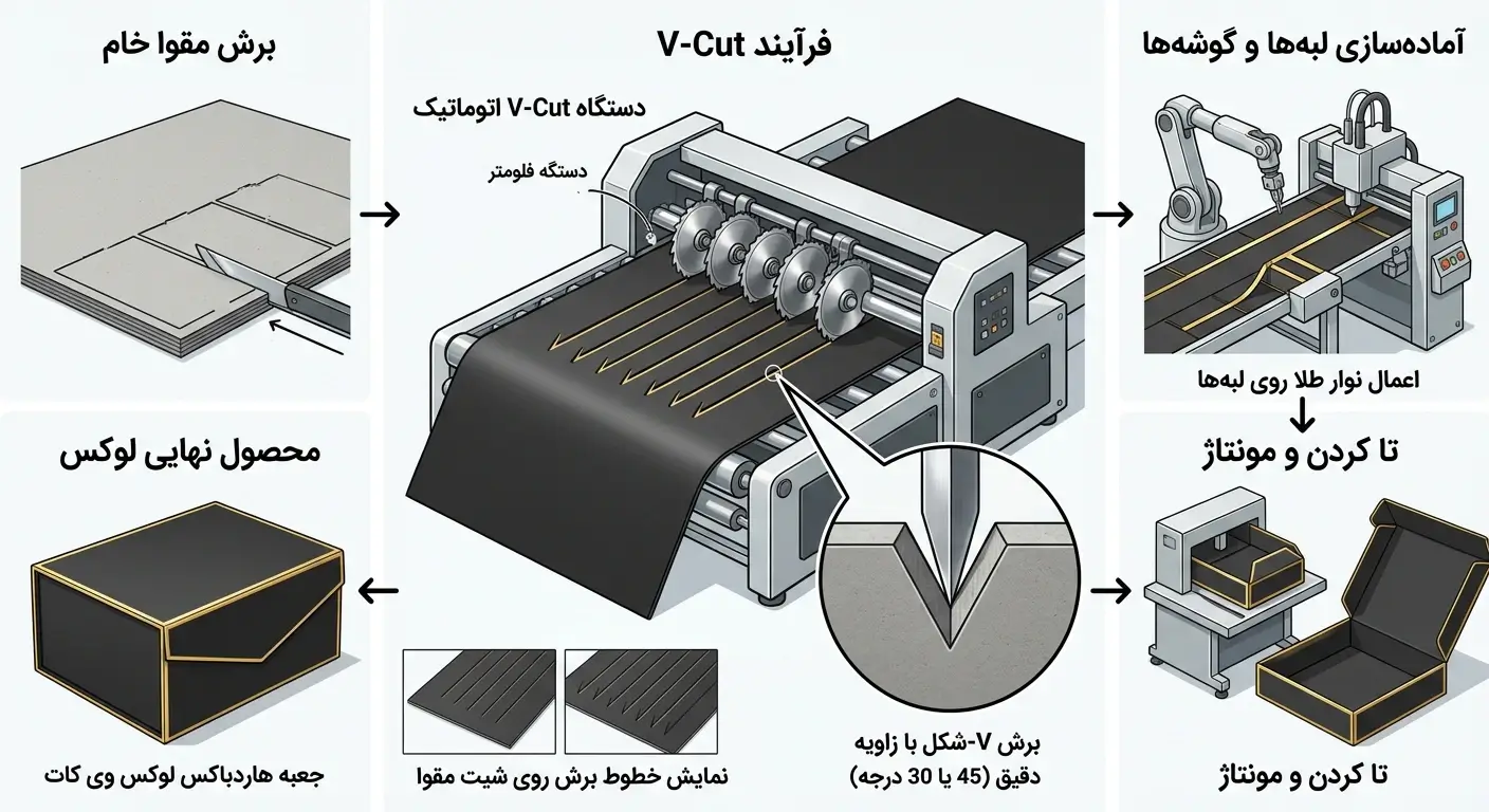 فرایند تولید جعبه هاردباکس وی کات
